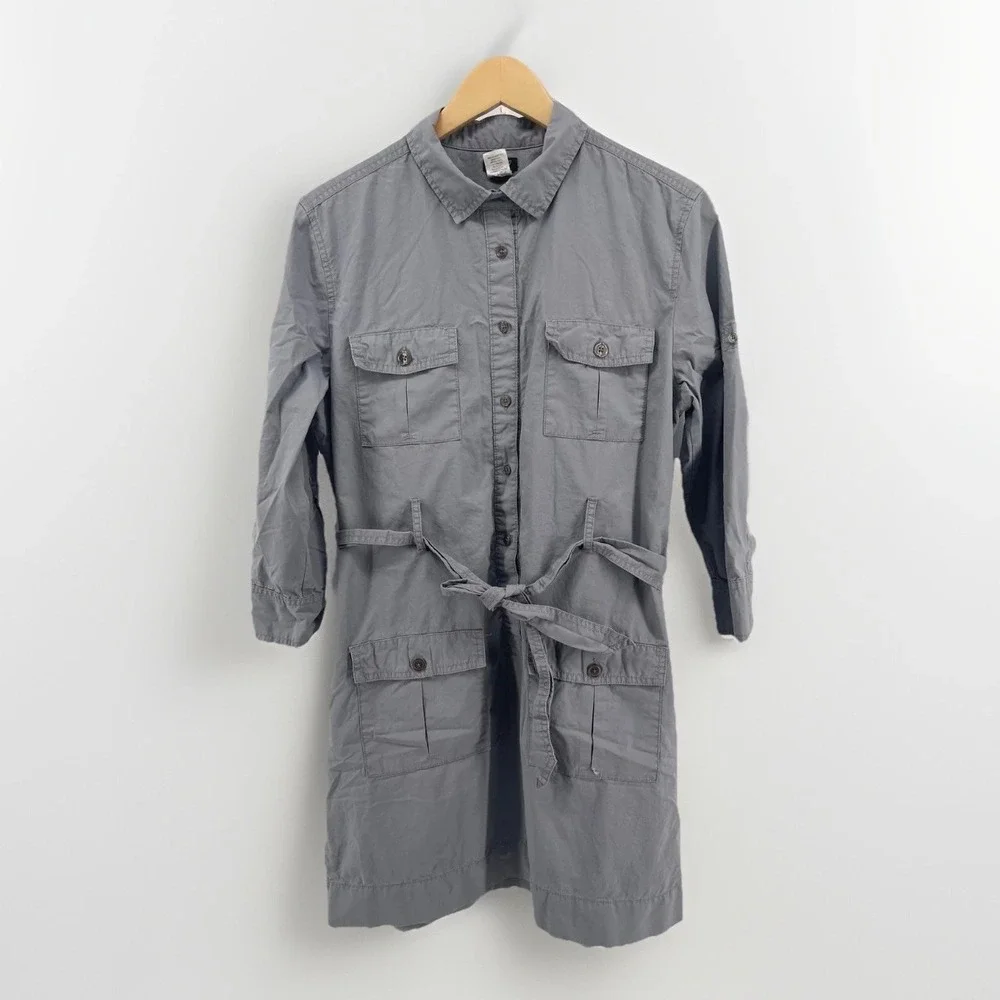 J Crew Long‎ Sleeve Utility Shirt Dress Sz M Gray Pockets Belted Safari Classic